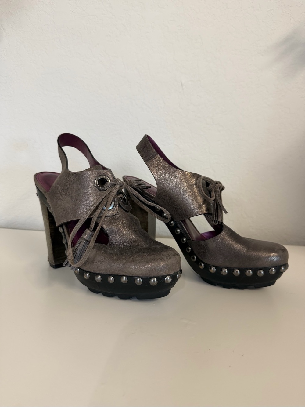 Coach Poppy | Metallic Pewter Studded Platform Slingback Heels